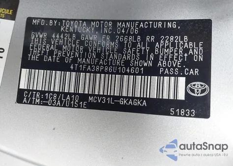 2006 Toyota Camry Solara Sle z USA, uszkodzony, nr VIN 4T1FA38P86U104601